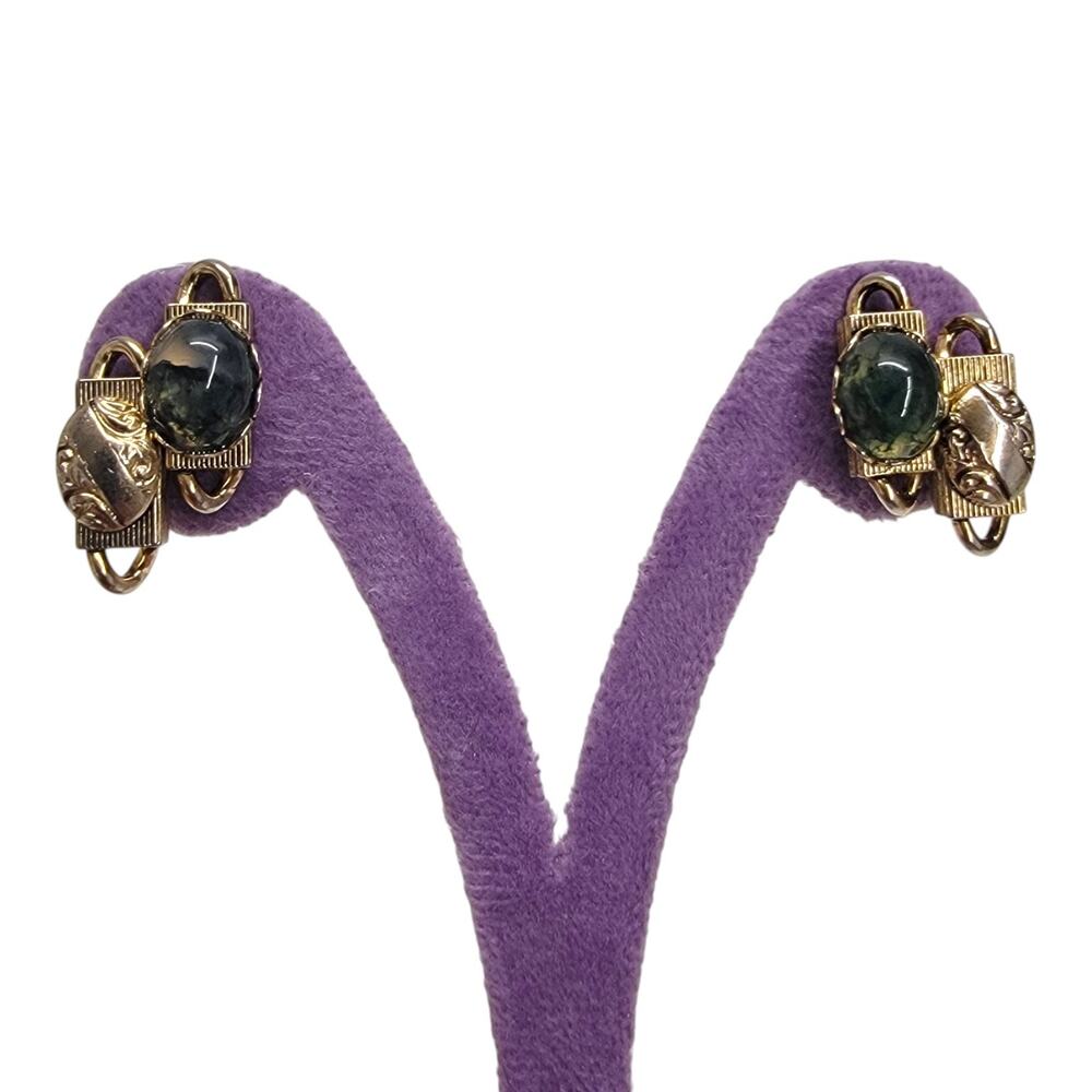 Vintage Mid Century Green Moss Agate Style Gold Tone Screw Back Earrings